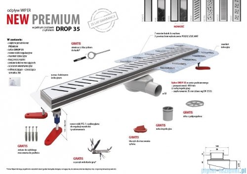 Wiper New Premium Pure Odpływ liniowy z kołnierzem 90 cm syfon drop 35 mat 500.0103.03.090