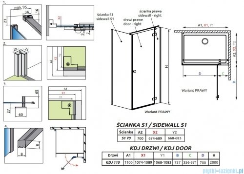 Radaway Essenza 8 Brushed Copper Kdj kabina 110x70cm prawa szczotkowana miedź 10480712-01-01R/10470337-93-01R/10113070-01-01