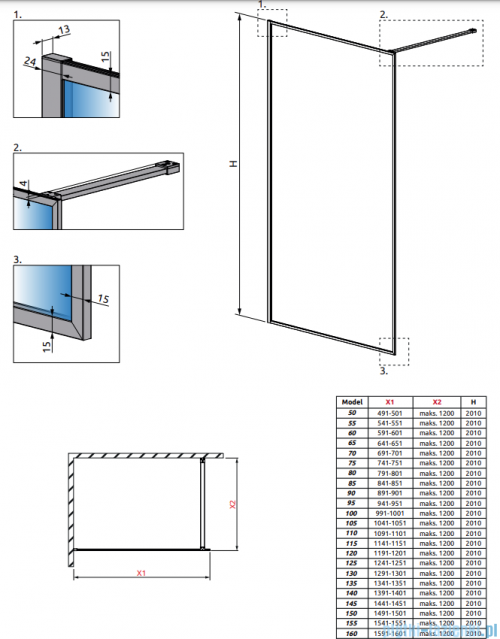 Radaway Modo F II Brushed Nickel kabina Walk-in 150x201cm Szczotkowany Nikiel szkło przejrzyste 10409154-91-01