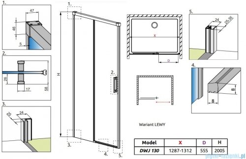 Radaway Idea White Dwj drzwi 130cm lewe szkło przejrzyste 387017-04-01L