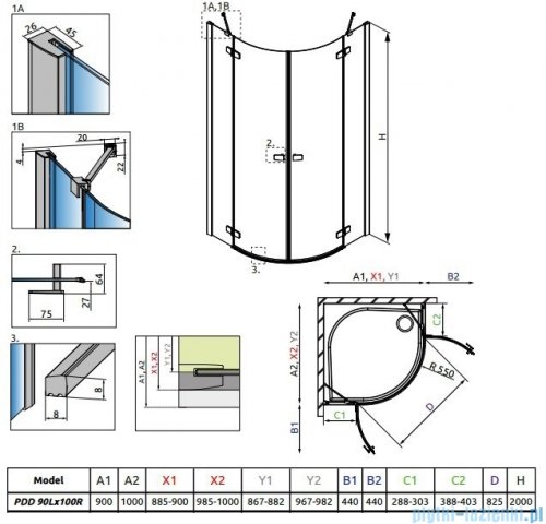 Radaway Fuenta New Pdd kabina 90x100cm szkło przejrzyste 384001-01-01L/384003-01-01R