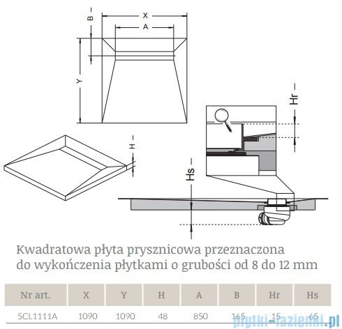 Radaway kwadratowy brodzik podpłytkowy z odpływem liniowym Rain 109x109cm 5CL1111A,5R085R,5SL1