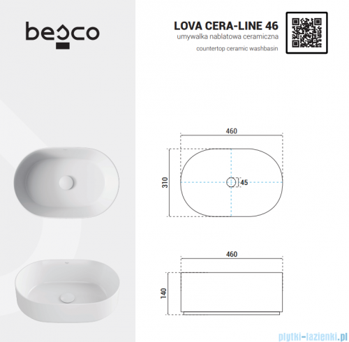 Besco Lova Cera-Line 46 Black Matt umywalka nablatowa Czarny Matt 46x31x13,5cm UNCM-46-LOC