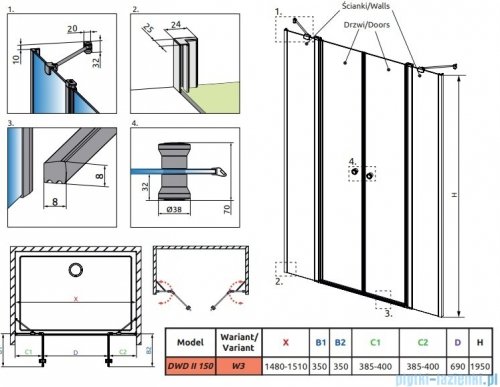 Radaway Eos DWD II drzwi prysznicowe 150 W3 przejrzyste 13799670-01-01/13799830-01-01