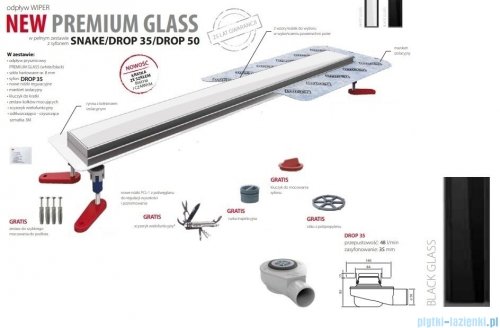 Wiper New Premium Black Glass Odpływ liniowy z kołnierzem 110 cm syfon drop 35 poler 500.0384.01.110