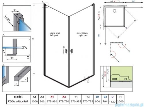 Radaway Nes 6 Kdd I Brushed Light Gold kabina 100x80cm szczotkowane jasne złoto 10021100-98-01L/10021080-98-01R