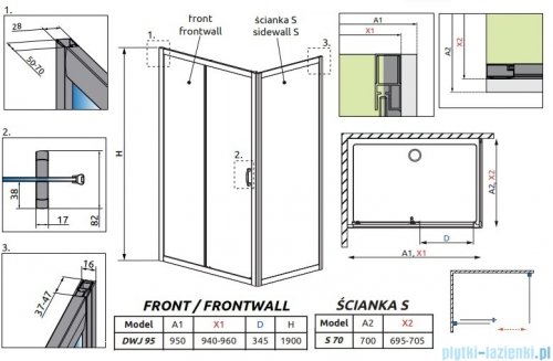 Radaway Premium Plus DWJ+S kabina prysznicowa 95x70cm szkło przejrzyste 33304-01-01N/33401-01-01N