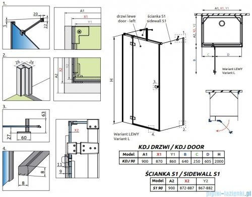 Radaway Essenza Brushed Nickel Kdj+S kabina 90x90x90cm lewa szczotkowany nikiel 1384050-01-01/1385020-91-01L/1384050-01-01