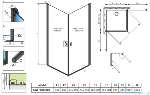 Radaway Nes 8 Black Kdd I Frame kabina 90x80cm czarny mat/szkło przejrzyste 10071090-54-56L/10071080-54-56R