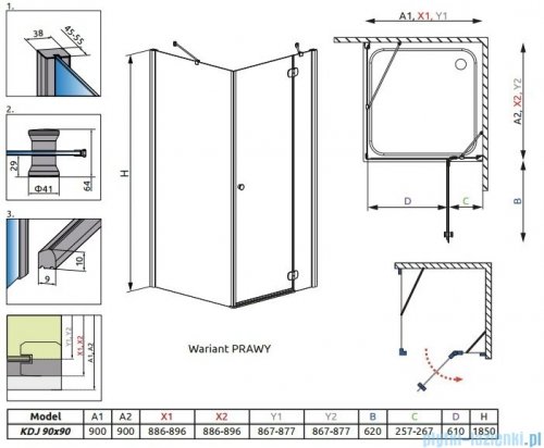 Radaway Torrenta Kdj kabina kwadratowa 90x90 prawa szkło grafitowe + Brodzik Delos C + Syfon 32202-01-05NR