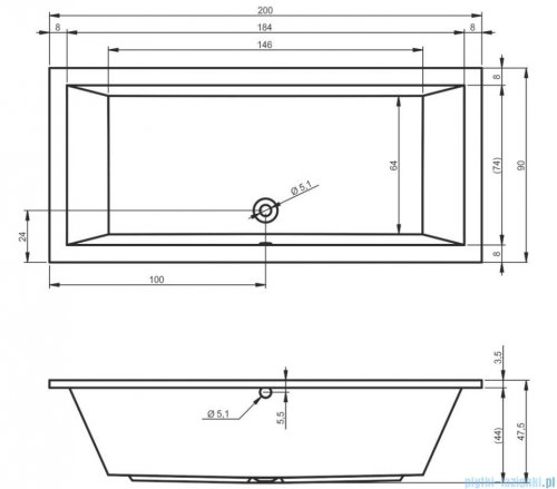 Riho Lusso 200x90cm wanna prostokątna z hydromasażem Pneumatic lewa + nogi + syfon BA60-PNE-L