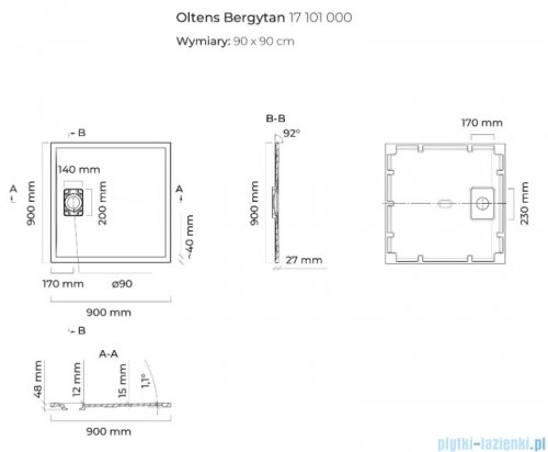 Oltens Bergytan brodzik kwadratowy 90x90 cm RockSurface szary beton 17101700