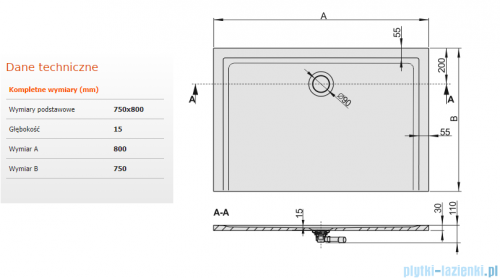 Sanplast Space Mineral brodzik prostokątny B-M/SPACE 75x80x1,5cm+syfon 645-290-0210-01-000