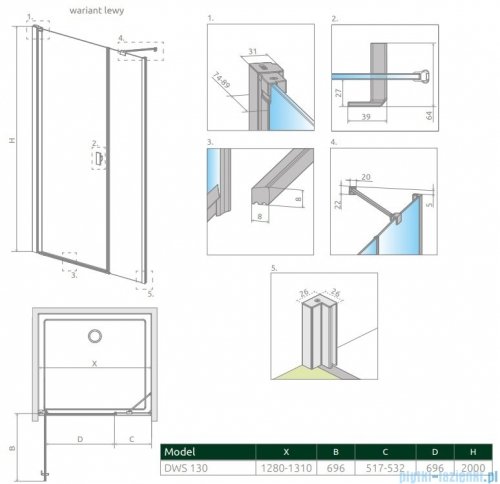 Radaway Nes Dws drzwi wnękowe 130cm lewe szkło przejrzyste 10028130-01-01L