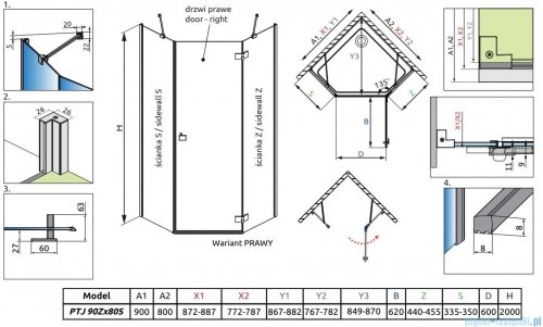 Radaway Essenza Ptj kabina pięciokątna 90x80cm prawa szkło przejrzyste 1385010-01-01R/1385053-01-01
