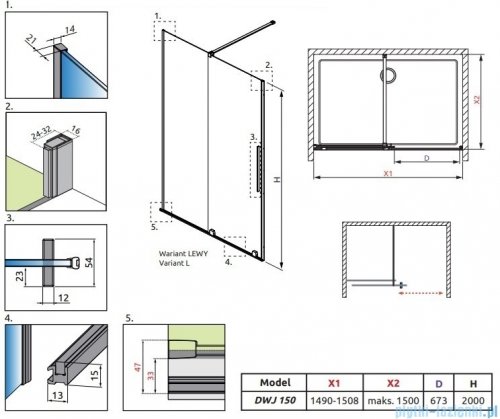 Radaway Furo Black DWJ drzwi prysznicowe 150cm lewe szkło przejrzyste 10107772-54-01L/10110730-01-01
