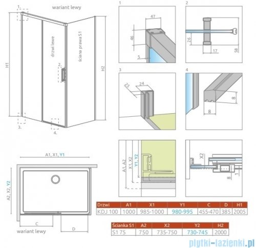 Radaway Idea Kdj Brushed Nickel kabina 100x75cm lewa szczotkowany nikiel 387040-91-01L/387049-91-01R