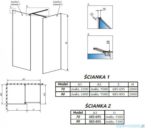 Radaway Modo New Black III kabina Walk-in 70x90x200 szkło przejrzyste 389074-54-01/389094-54-01/389000-54