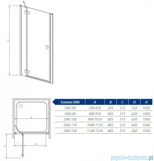 Radaway Drzwi prysznicowe Essenza DWJ 110 prawe szkło przejrzyste 32733-01-01NR