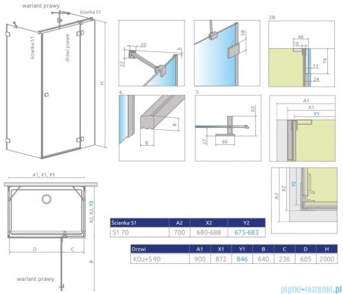 Radaway Essenza Pro Brushed GunMetal Kdj+S kabina 70x90x70cm prawa szczotkowany grafit 10097390-92-01R/10098070-01-01/10098070-01-01