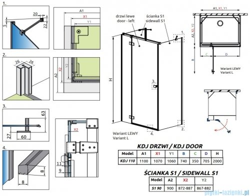 Radaway Essenza Brushed Copper Kdj+S kabina 90x110x90cm lewa szczotkowana miedź 1384050-01-01/1385023-93-01L/1384050-01-01