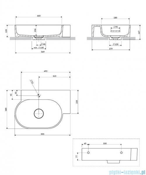 Omnires Ovo M+ umywalka nablatowa/wisząca prawa 55x38 cm  coral mat  OVO555UWPCO
