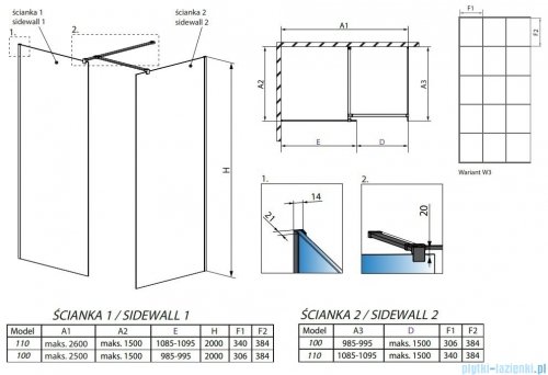 Radaway Modo New Black III kabina Walk-in 110x100x200 Factory rysunek techniczny