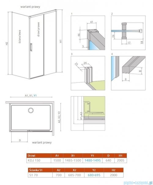 Radaway Idea Gold Kdj kabina 150x70cm prawa złoty połysk/szkło przejrzyste 387045-09-01R/387048-09-01L