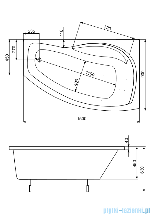 Roca Nicole wanna asymetryczna 150x90 cm prawa A24T145000