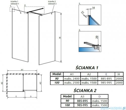 Radaway Modo New III kabina Walk-in 100x90x200 szkło przejrzyste 389104-01-01/389094-01-01/389000-01