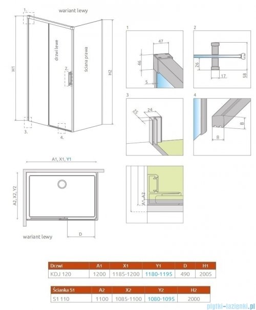 Radaway Idea Gold Kdj kabina 120x110cm lewa złoty połysk/szkło przejrzyste 387042-09-01L/387053-09-01R