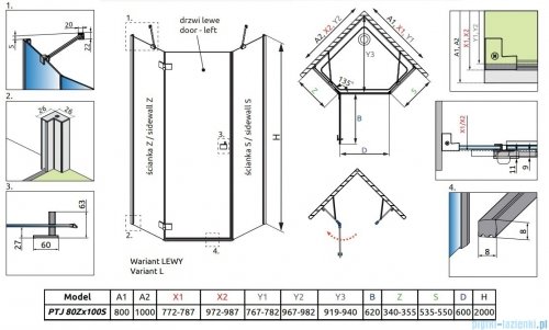 Radaway Essenza Black Ptj kabina pięciokątna 80x100cm lewa szkło przejrzyste 1385010-54-01L/1385054-01-01