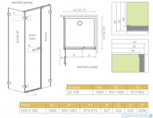 Radaway Arta Kds II kabina 100x100cm prawa szkło przejrzyste rysunek techniczny