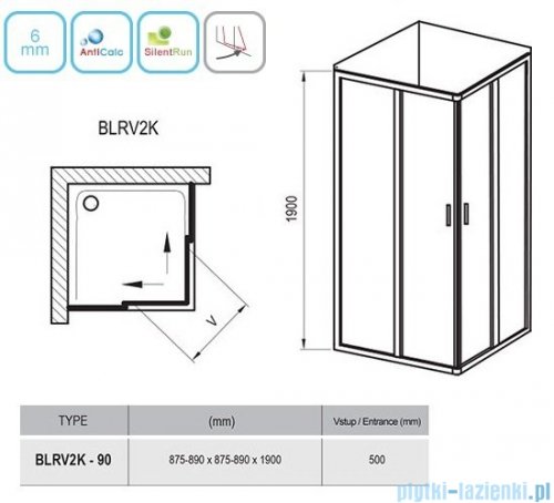 Ravak Blix BLRV2K drzwi prysznicowe 1/2 90cm satyna transparent Anticalc 1XV70U00Z1