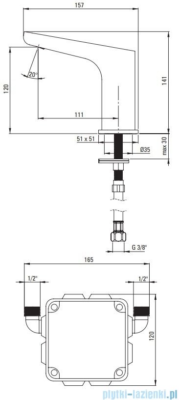 Deante Hiacynt bateria umywalkowa bezdotykowa bez regulacji temperatury z zasilaczem 230/6V chrom BQH 028V
