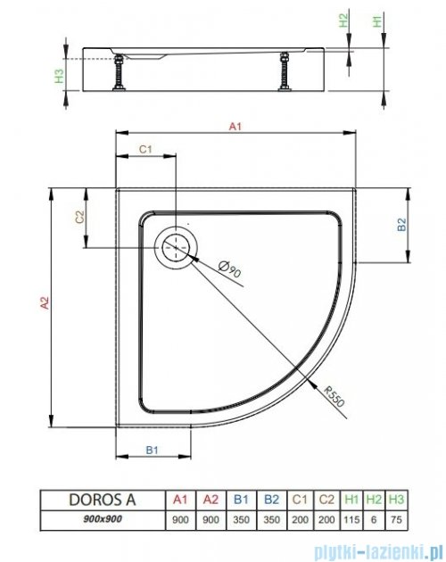 Radaway Doros A Compact brodzik półokrągły 90x90cm SDRA9090-05