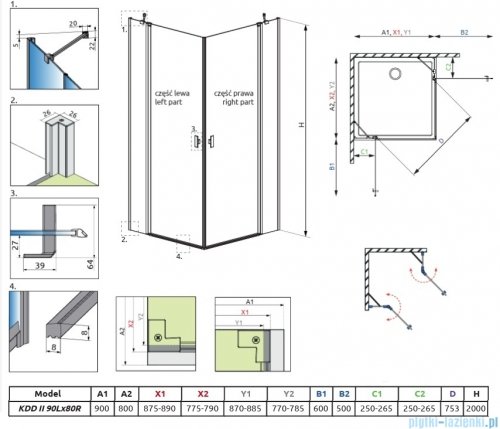 Radaway Nes Kdd II Brushed GunMetal kabina 90x80cm szczotkowany grafit 10031090-92-01L/10031080-92-01R