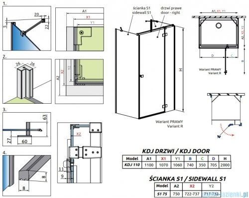 Radaway Essenza Brushed Copper Kdj+S kabina 75x110x75cm prawa szczotkowana miedź 1384049-01-01/1385023-93-01R/1384049-01-01