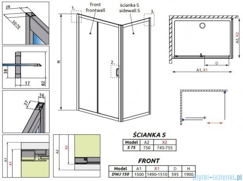 Radaway Premium Plus DWJ+S kabina prysznicowa 150x75cm szkło przejrzyste 33343-01-01N/33402-01-01N