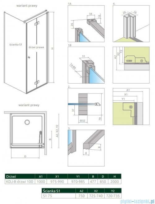 Radaway Nes KDJ B kabina 100x75 prawa przejrzyste 10025100-01-01R/10039075-01-01