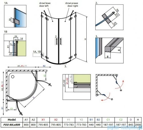 Radaway Euphoria PDD Kabina prysznicowa 80x80 szkło przejrzyste rysunek techniczny