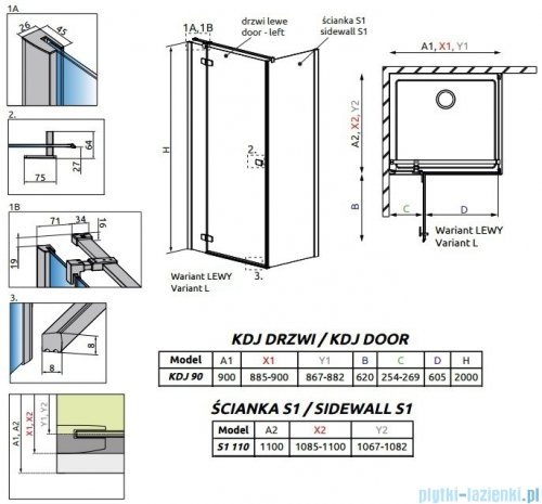 Radaway Fuenta New Kdj kabina 90x110cm lewa szkło przejrzyste 384044-01-01L/384053-01-01