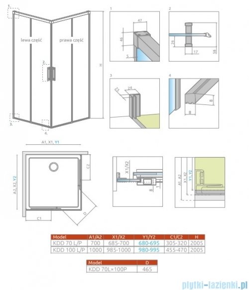 Radaway Idea Kdd Brushed GunMetal kabina 70x100cm szczotkowany grafit 387065-92-01L/387062-92-01R