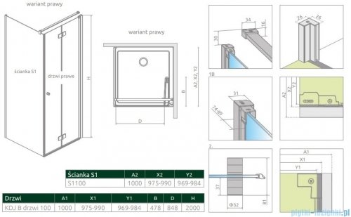 Radaway Nes 8 Black KDJ B kabina 100x100 prawa czarny mat/szkło przejrzyste 10075100-54-01R/10089100-01-01
