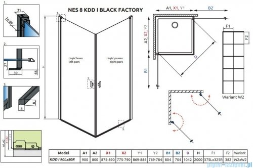 Radaway Nes 8 Black Kdd I Factory kabina 90x80cm czarny mat/szkło przejrzyste 10071090-54-55L/10071080-54-55R