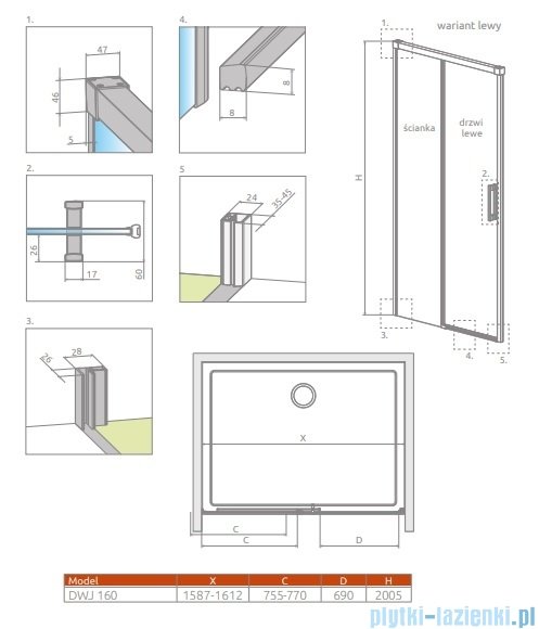 Radaway Idea 8 Dwj drzwi wnękowe 160cm lewe szkło przejrzyste 10330820-01-01L/10350753-01-01