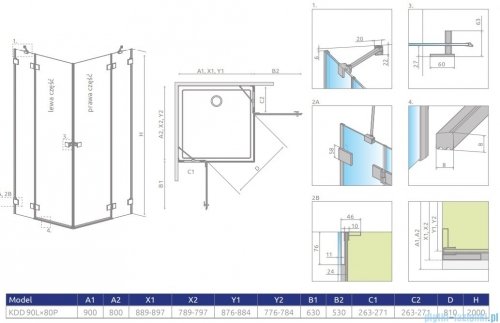 Radaway Essenza Pro Brushed Nickel Kdd kabina 90x80cm szczotkowany nikiel 10096090-91-01L/10096080-91-01R