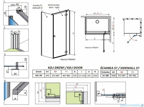 Radaway Essenza Kdj Gold kabina 90x100cm prawa szkło przejrzyste 1385044-09-01R/1384052-01-01