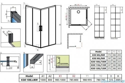 Radaway Idea Black Kdd Factory kabina prysznicowa 100x80cm czarny mat/szkło przejrzyste 387062-54-55L/387061-54-55R
