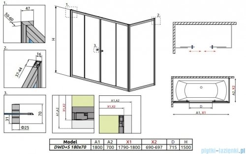 Radaway Vesta DWD+S Parawan nawannowy 180x70cm szkło przejrzyste 203180-01/204070-01